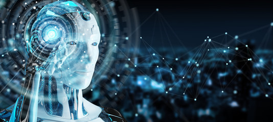 White male humanoid using digital global network 3D rendering