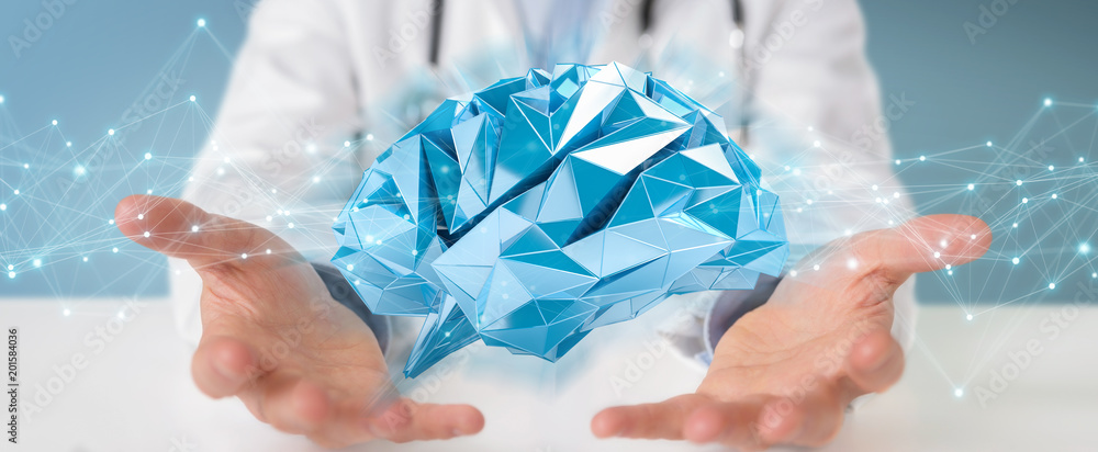 Poster doctor holding digital brain interface 3d rendering