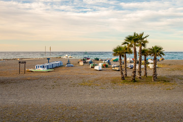Fototapeta na wymiar Seascape of beaches of Andalusia with palm trees