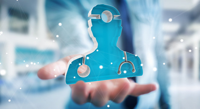 Businessman holding and touching medical icon 3D rendering