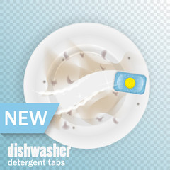 dirty dish and tablets for the dishwasher. A realistic illustration for advertising. Washing dishes in the dishwasher. Cleaning dishes.