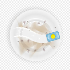 dirty dish and tablets for the dishwasher. A realistic illustration for advertising. Washing dishes in the dishwasher. Cleaning dishes.