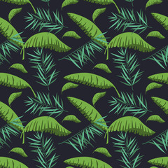 seamless pattern with palm and banana leaves