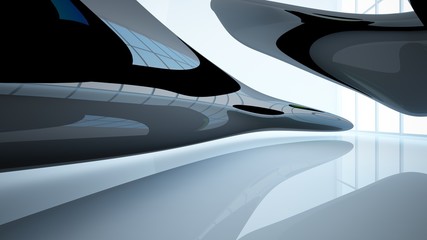 Abstract dynamic interior with black and colored gradient smooth objects. 3D illustration and rendering