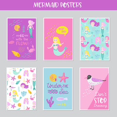 Cute Mermaids Cards Set with Underwater Creatures for Greeting, Baby Shower Invitation, Print, Posters. Hand Drawn Childish Marine Design. Vector illustration
