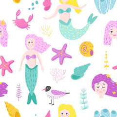 Mermaids Seamless Pattern in Childish Style