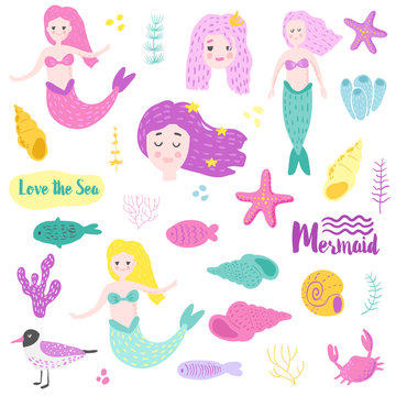 Cute Underwater Creatures elements with Mermaid and Fish. Childish Nautical Hand Drawn Doodle for Decoration, Print, Pattern. Vector illustration