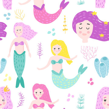 Mermaids Seamless Pattern in Childish Style. Kids Background with Cute Marine Girls and Abstract Elements for Fabric Textile, Wallpaper, Decoration. Vector illustration