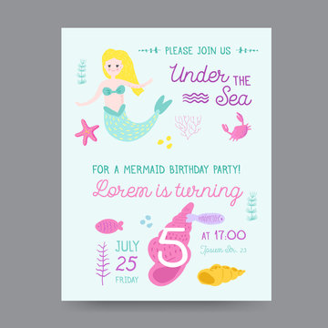 Childish Birthday Invitation Template with Cute Mermaid and Underwater Creatures. Children Celebration Party Decoration. Vector illustration