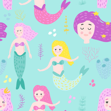 Mermaids Seamless Pattern in Childish Style. Kids Background with Cute Marine Girls and Abstract Elements for Fabric Textile, Wallpaper, Decoration. Vector illustration