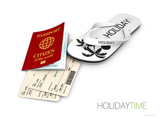 White flip flops with pass and travel ticket isolated on white background. 3d illustration