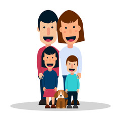 Obraz premium Vector illustration with happy family. Mom, dad, son, daughter and dog