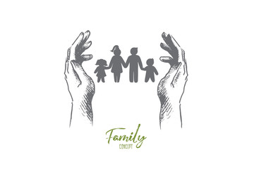 Family concept. Hand drawn silhouette of family mother father and children. Happy family concept poster isolated vector illustration.