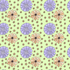 Seamless pattern. Cute pattern in small flower. Small yellow and orange and violet flowers. Green background.