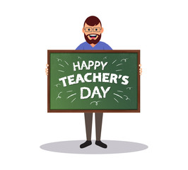 Happy teacher's day. Vector education illustration with flat character and chalkboard