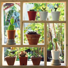 Small succulent pot plants decorative on wood window with morning warm light, haworthia, cactus, echeveria, kalanchoe