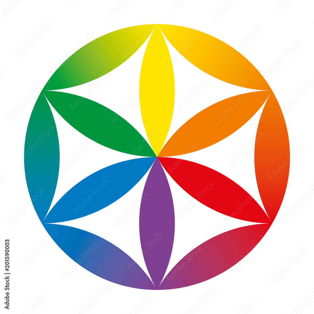 Poster rainbow colored baby flower of life. geometrical figure, composed of multiple overlapping circles, f