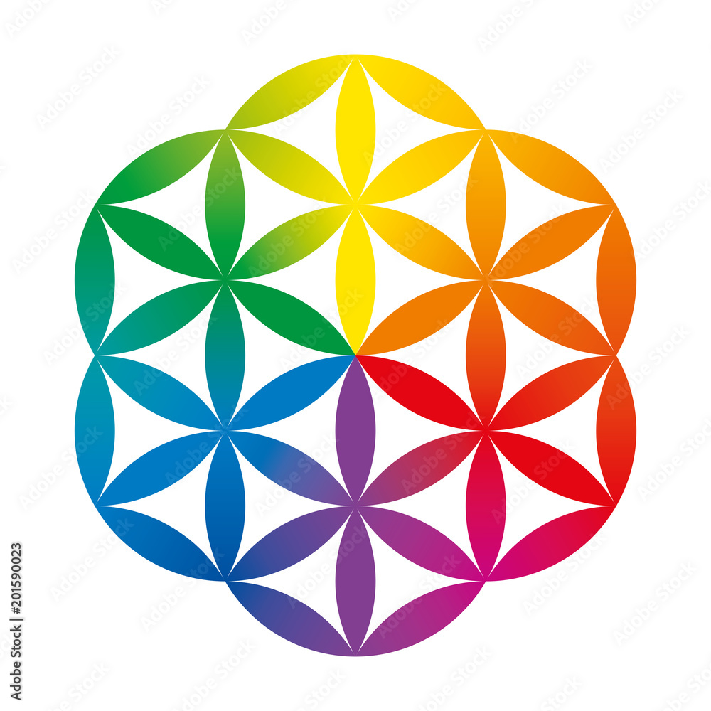 Poster rainbow colored half of a flower of life. geometrical figure composed of multiple overlapping circle