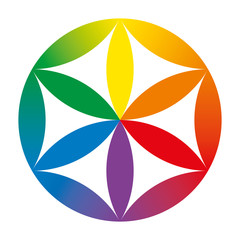 Rainbow colored baby Flower of Life. Geometrical figure, composed of multiple overlapping circles, forming a flower like pattern with a symmetrical hexagon structure. Illustration over white. Vector.