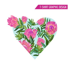 Love Romantic Floral Heart Spring Summer Design with Pink Protea Flowers for Prints, Fabric, T-shirt, Posters. Tropical Botanical Background. Vector illustration