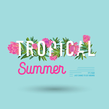 Hello Summer Botanical Tropical Design. Floral Vintage Background with Pink Protea Flowers for Prints, Posters, T-shirt, Flyer, Sale Banner. Vector illustration