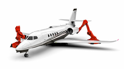 Automated Airplanes factory line / 3D render image representing an Automated Airplanes factory with robots