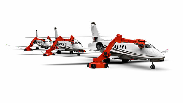 Automated Airplanes factory line / 3D render image representing an Automated Airplanes factory with robots
