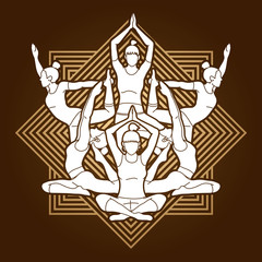 Yoga class, women training yoga designed on line square background graphic vector