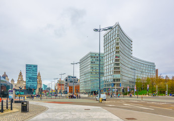 View of the business center of Liverpool through Albert dock, England