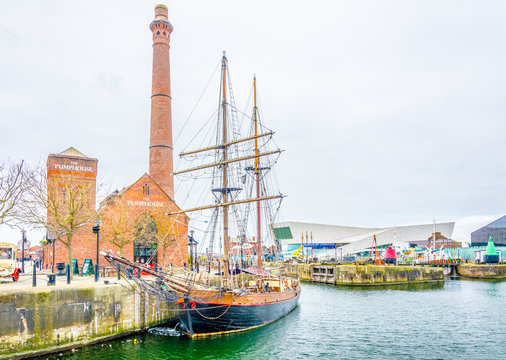 View of a ship anchored in front of the pump house in Liverpool, England