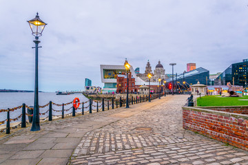 Waterside of Liverpool dominated by the museum of Liverpool an the pilotage house, England