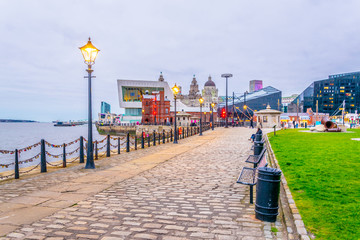 Waterside of Liverpool dominated by the museum of Liverpool an the pilotage house, England