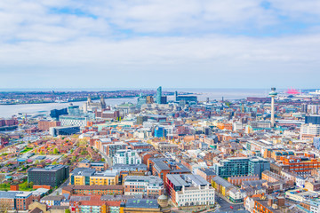 Aerial view of Liverpool including three graces and radio city tower, England
