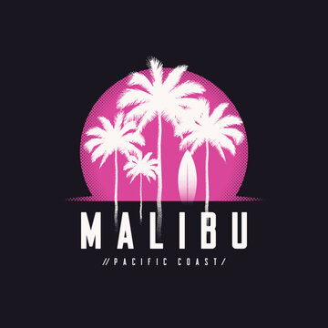 Malibu Pacific Coast tee print with palm trees, t shirt design, typography, poster.