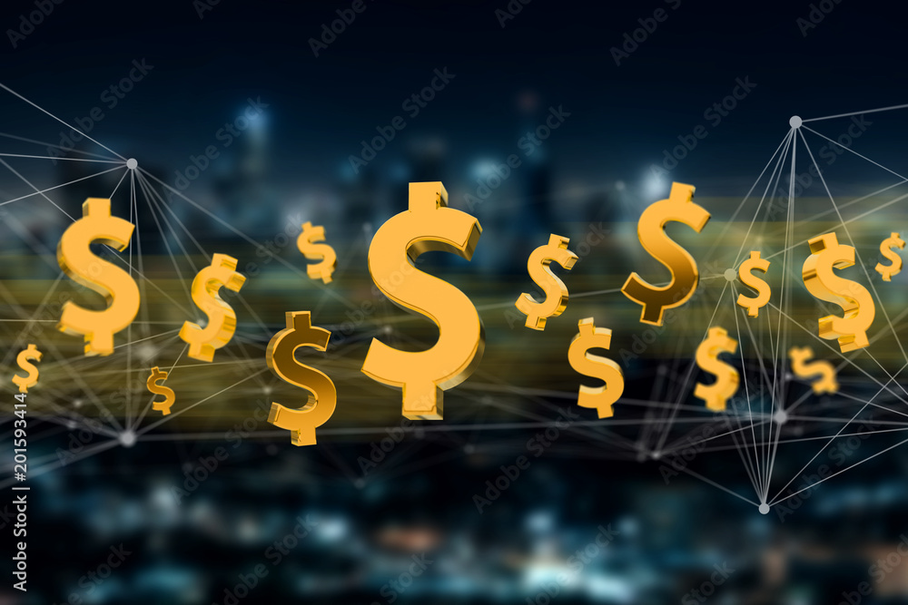 Poster view of gold dollar symbol displayed on a city background - 3d rendering