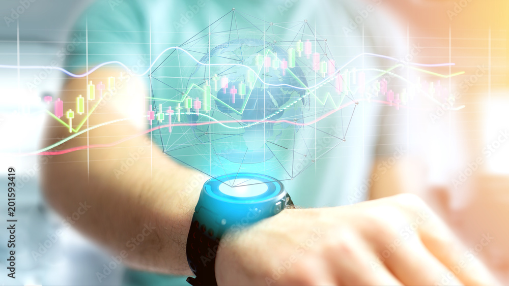 Poster businessman holding a 3d render stock exchange trading data information display on a futuristic inte