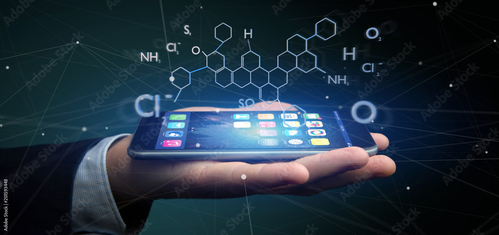 Poster businessman holding a 3d rendering molecule structure isolated on a background