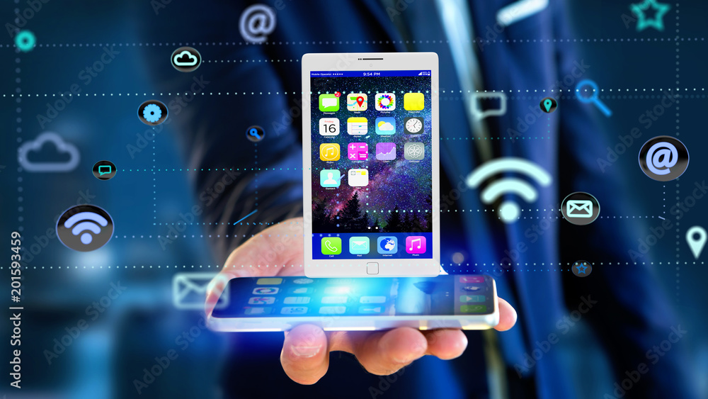 Poster businessman using a smartphone with a tablet surrounding by app and social icon - 3d render