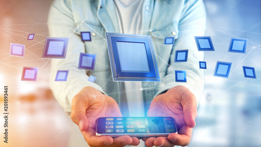 Poster businessman using a smartphone with a processor chip and network connection - 3d render