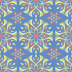 Floral blue seamless pattern. Bright background with colored flower elements