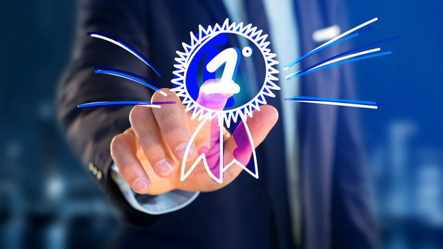 Businessman holding a Hand drawn reward for the number one