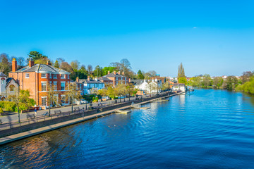 View of residential houses alongside river Dee in Chester, England