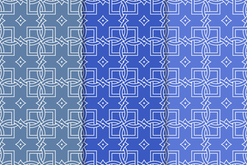 Blue geometric ornaments. Set of seamless patterns