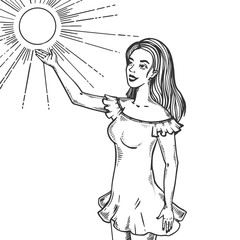 Girl and sun engraving vector illustration