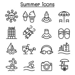 Summer icon set in thin line style