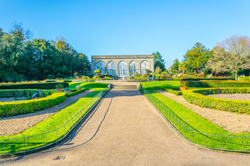 View of a garden inside of the Warwick castle grounds, England