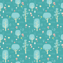 Blue Green Forest with Trees, Mushrooms and Flowers Seamless Pattern Flat Vector Illustration
