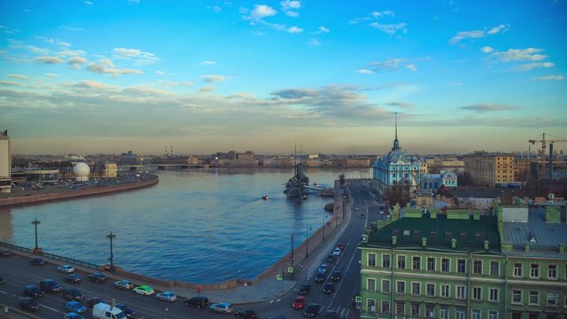 view of the cruiser Aurora and the Neva in St. Petersburg in the evening in the spring