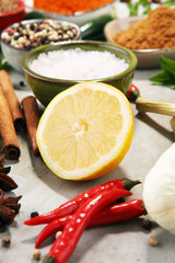 Spices and herbs on table. Food and cuisine ingredients.