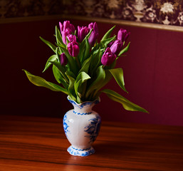 Lilac Tulips. Bud, petals/Lilac tulips in a decorative vase stand on a table. Russia, Moscow, holiday, gift, mood, nature, flower, plant, bouquet, macro